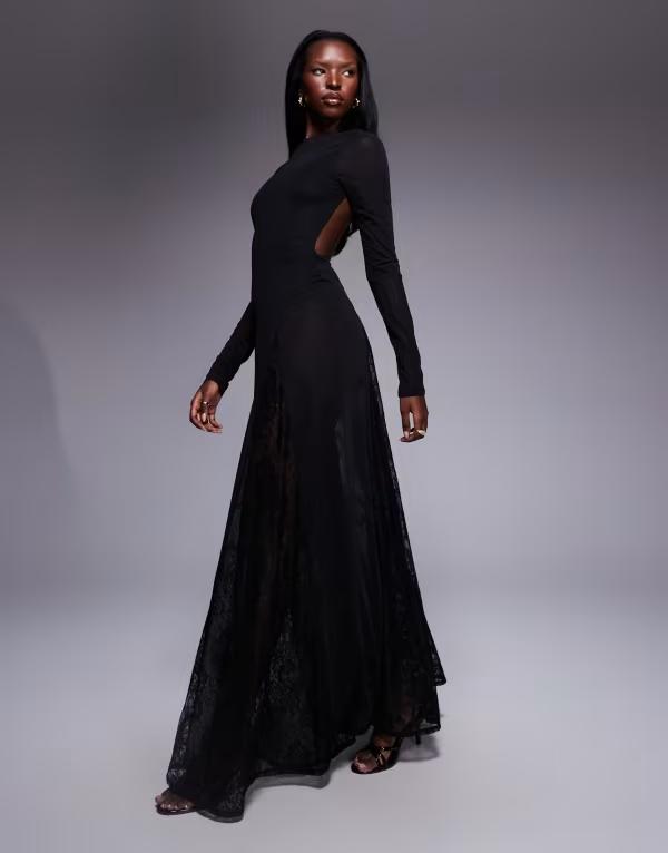 エイソス レディース トップス 衣装 マキシ衣装 シアー 上半身背広 スピード競技 マキシ ASOS DESIGN long sleeve sheer maxi dress with lace panel godets and bodysuit Black 黒いこと ワンピース-レディースファッション
