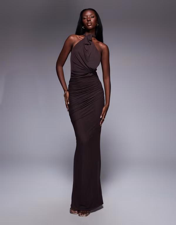 エイソス レディース トップス 衣装 マキシ衣装 メッシュ マキシ ホルター ASOS DESIGN mesh twist bust detail halter maxi dress with tie back neck インチ chocolate Chocolate 黒茶