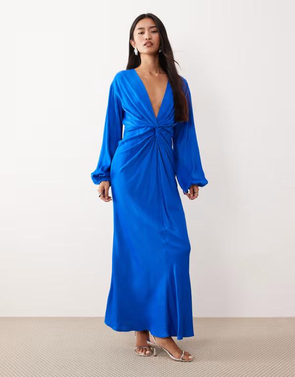 ノーバディーズ チャイルド レディース トップス ワンピース ミディワンピース ミディ サテン Nobody's Child Adina satin knot front midi dress BLUE ブルー