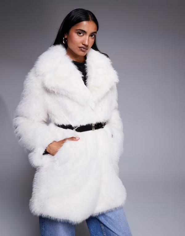 リバーアイランド レディース アウター 厚地の外套 River Island belted mid length faux fur coat インチ cream LIGHT BROWN 赤銅色