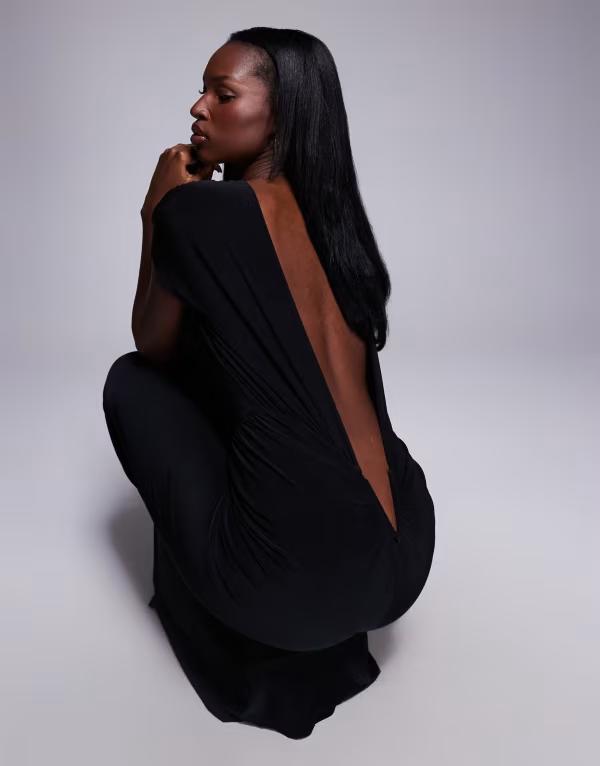 エイソス レディース トップス 衣装 カットアウト midi衣装 ギャザー midi ASOS DESIGN cut out back ruched MIDI dress black 黒いこと