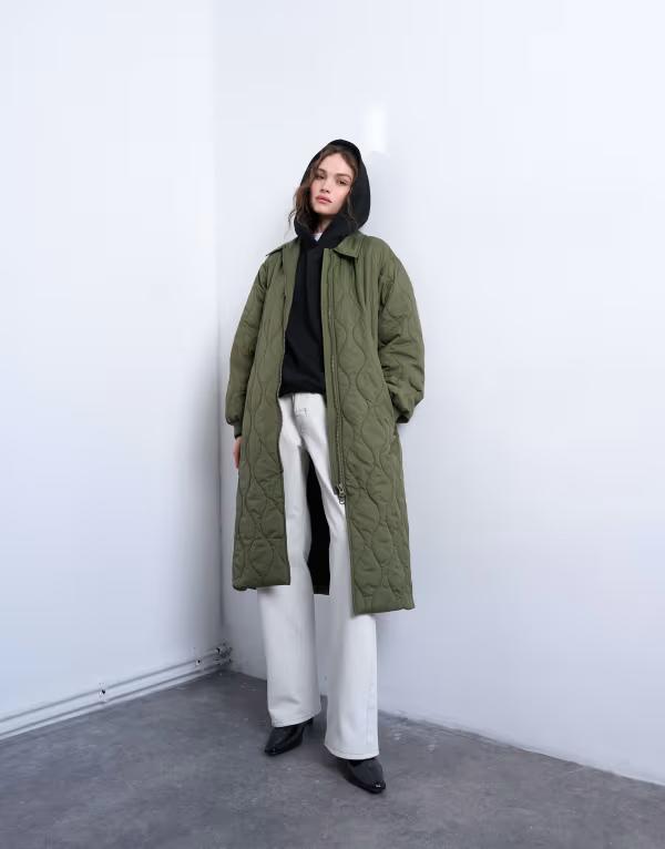 トップショップ レディース アウター ジャケット・ブルゾン ジャケット Topshop belted long liner jacket green グリーン