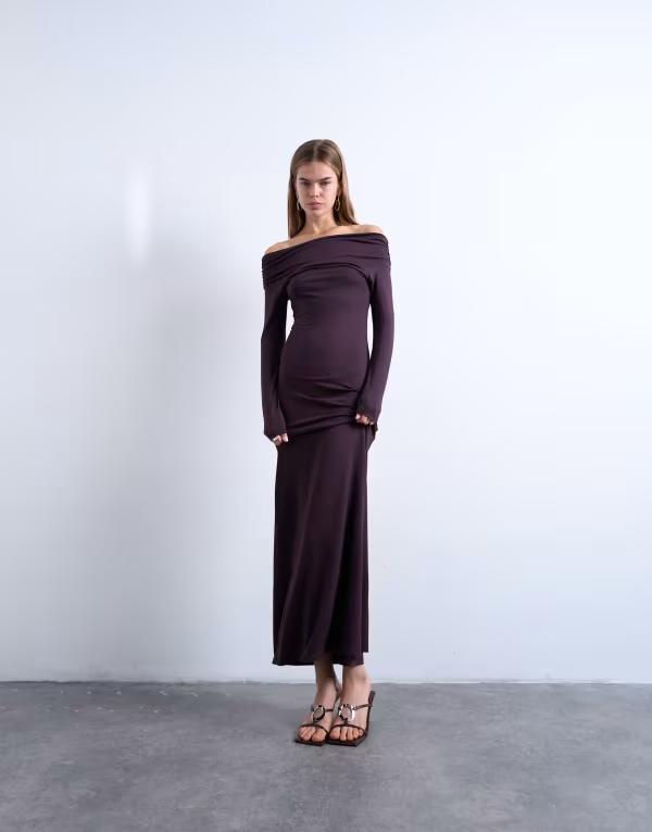 トップショップ レディース トップス ワンピース マキシワンピース マキシ Topshop long sleeve bardot maxi dress in plum Port royale プラム