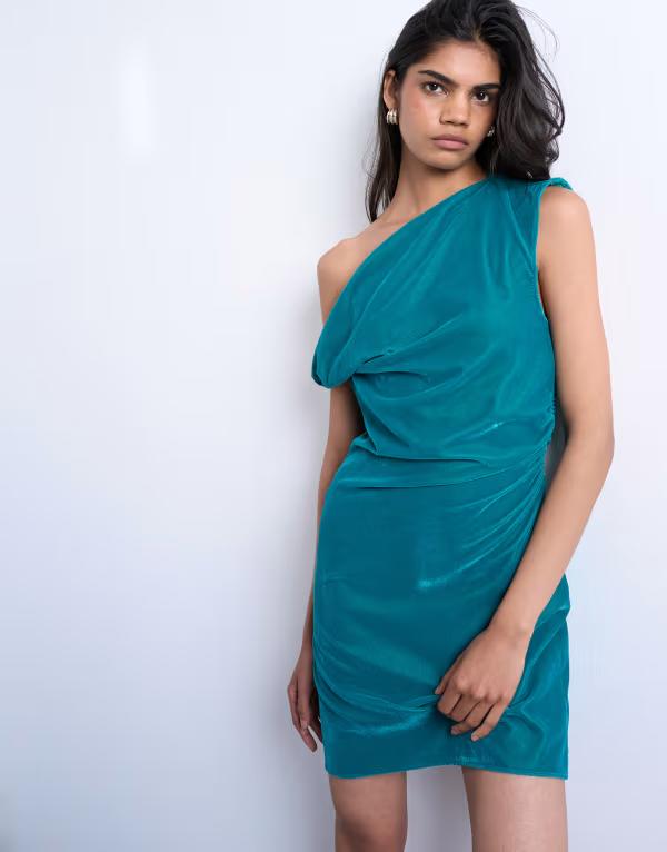 トップショップ レディース トップス ワンピース ミニワンピース ミニ ベルベット Topshop grown on twist shoulder velvet mini dress in teal TEAL ティール