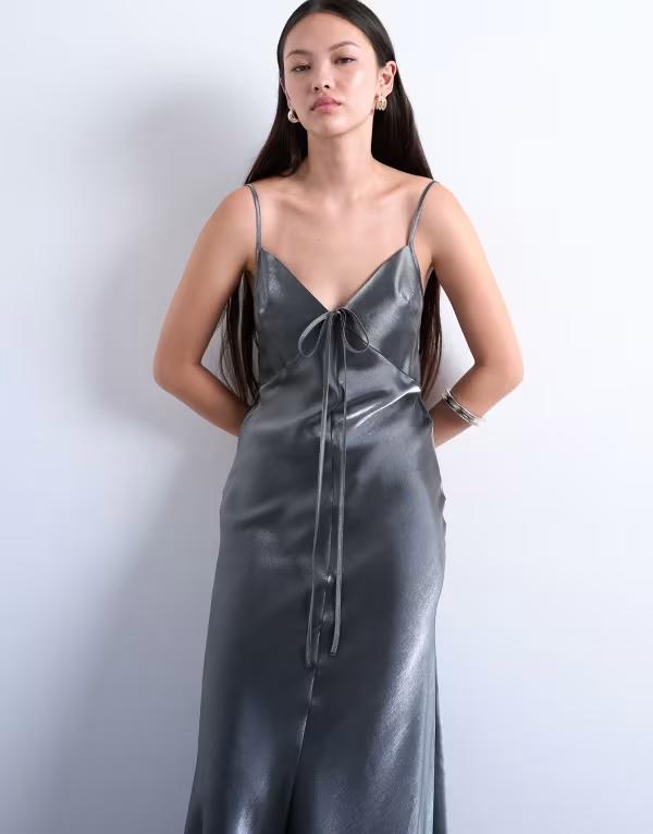 とっ始め販売店 レディース トップス 衣装 トール マキシ ホルター Topshop halter tie neck liquid metallic maxi slip dress SILVER しろがね色