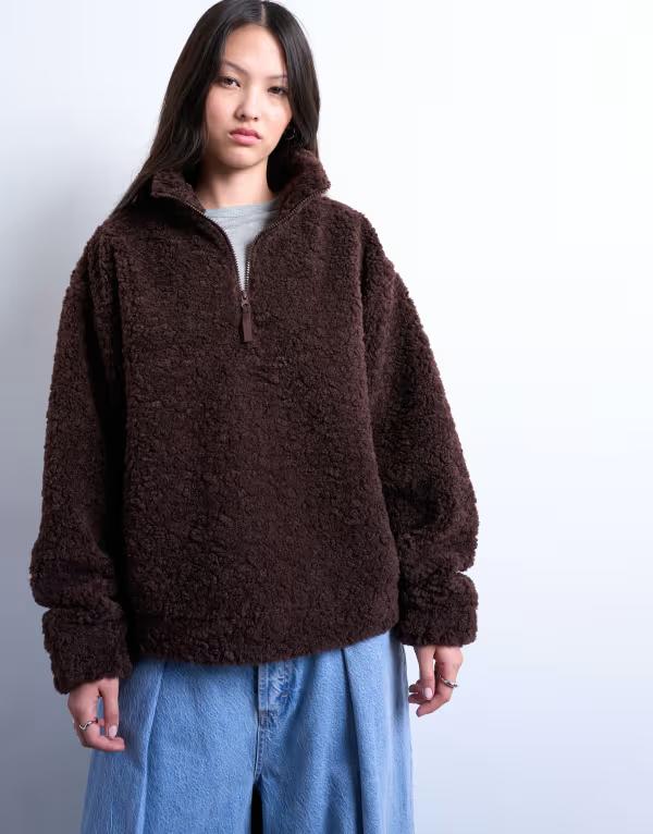 トップショップ レディース アウター パーカー・スウェット ハーフジップ Topshop borg quarter zip top in dark Dark chocolate チョコレート｜ReVida 店