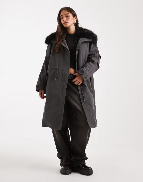 エイソス レディース アウター コート パーカー ASOS DESIGN oversized parka in charcoal with fur trim charcoal チャコール