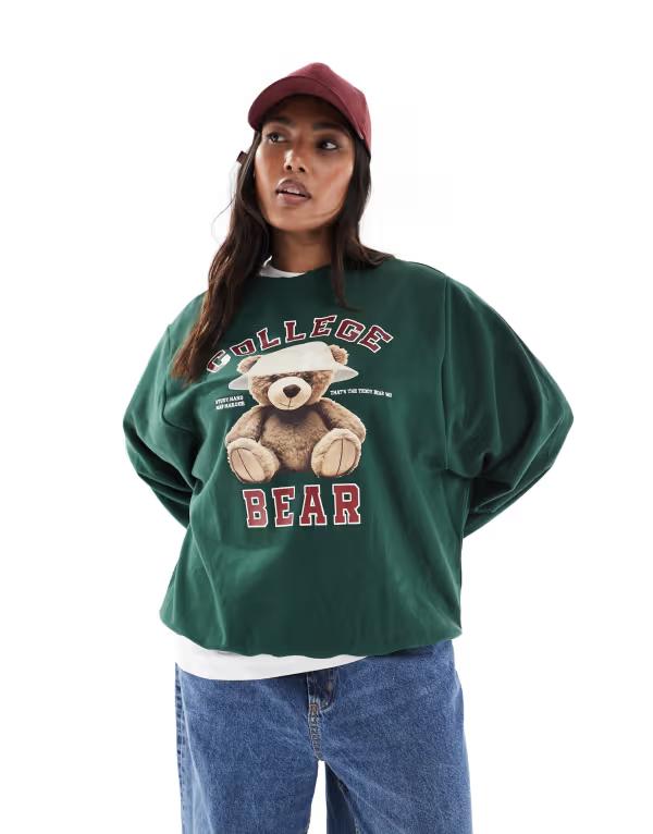 オンリー曲線状の形 レディース アウター パーカー・スウェット 刷り上げる 流汗 プルオーバー ONLY Curve oversized sweatshirt with teddy bear print インチ dark DARK GREEN 緑であること
