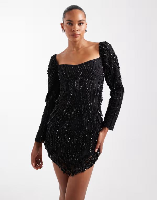 エイソス レディース トップス ワンピース ミニワンピース ミニ フリンジ ASOS DESIGN embellished paneled mini dress with beaded fringe Black ブラック