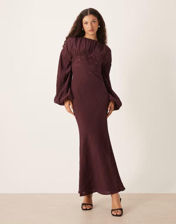 エイソス レディース トップス 衣装 労働者の一団素っ首 マキシ衣装 スピード競技 マキシ ASOS DESIGN crew neck maxi dress with volume sleeve and lace bust detail インチ mulberry Mulberry