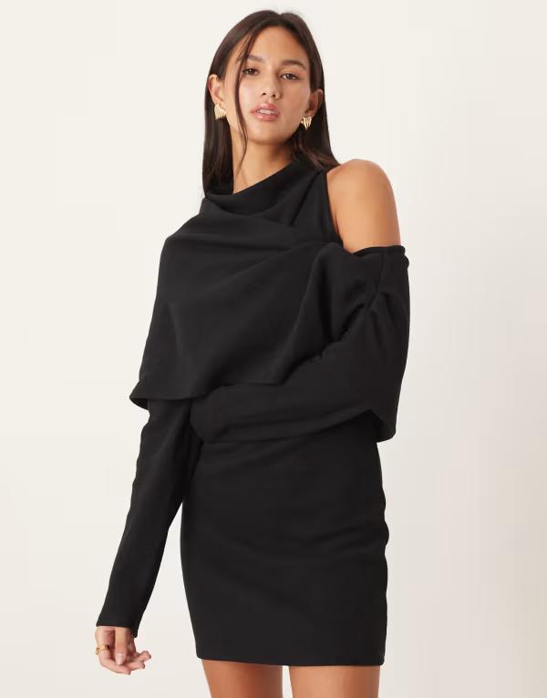 エイソス レディース トップス ワンピース ミニワンピース ドレープ ミニ オーバーレイ ASOS DESIGN supersoft slash neck draped overlay mini dress Black ブラック