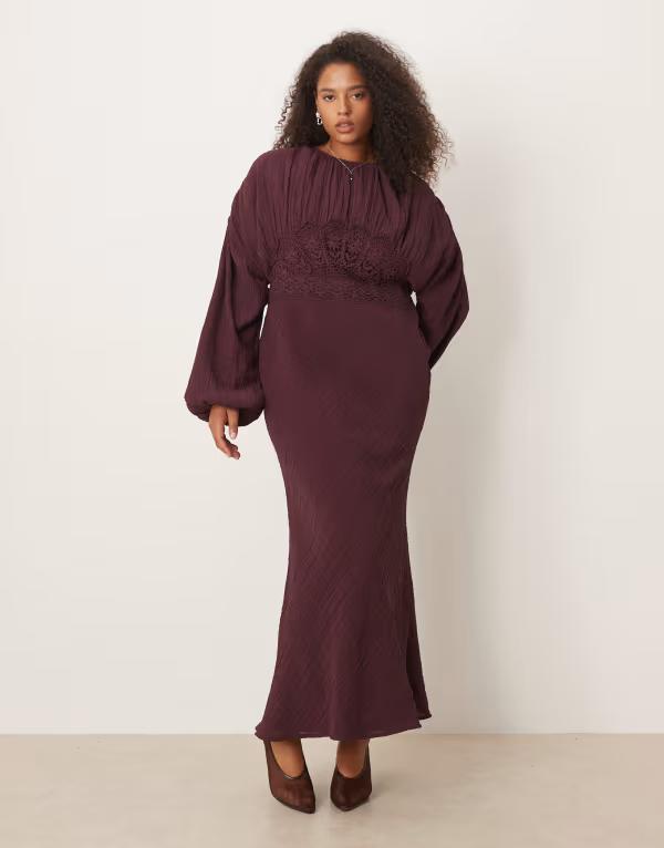 エイソス レディース トップス 衣装 労働者の一団素っ首 マキシ衣装 スピード競技 マキシ ASOS Curve ASOS DESIGN Curve crew neck maxi dress with volume sleeve and lace bust detail インチ mulberry Mulberry