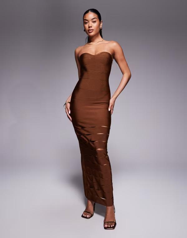 エイソス レディース トップス ワンピース ミディワンピース ミディ ASOS DESIGN bandage bandeau midi dress with cut-outs in chocolate brown ブラウン