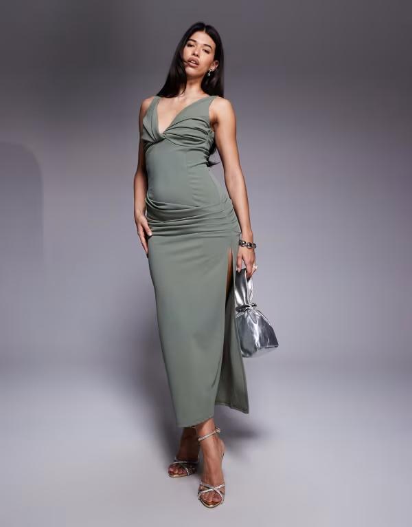 エイソス レディース トップス ワンピース マキシワンピース マキシ ASOS DESIGN twist front structured maxi dress Khaki カーキ｜ReVida 店 9,105円
