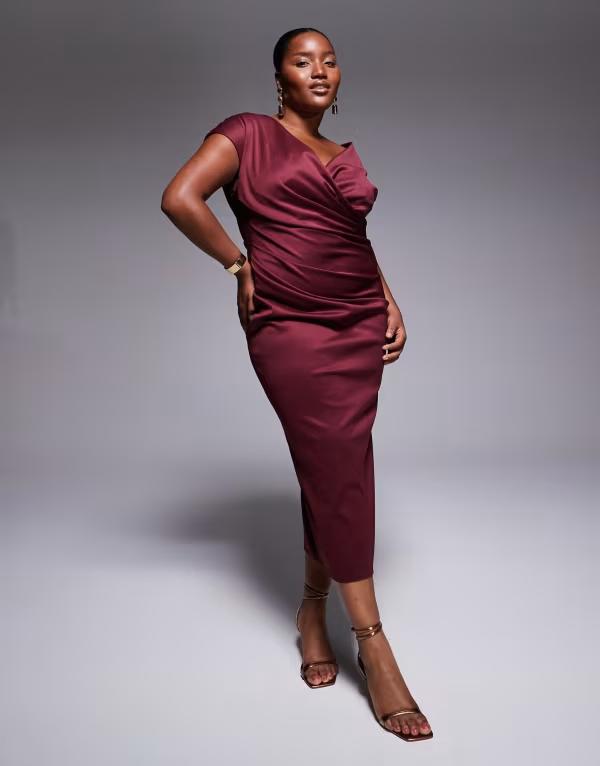 エイソス レディース トップス ワンピース ミディワンピース ドレープ ミディ キャップ ASOS Curve ASOS DESIGN Curve structured midi dress with capped sleeve and draped cross front in dark berry Dark Berry