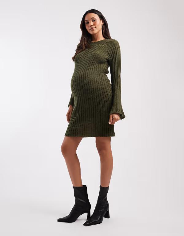 ママライシアス レディース トップス ワンピース ミニワンピース リブ ミニ ニット マタニティ Mama.licious Mamalicious Maternity soft knit ribbed bell sleeve mini dress melange Grape leaf グレープ