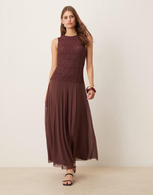 エイソス レディース トップス ワンピース シアースカート マキシワンピース シアー スカート ノースリーブ レース マキシ ASOS DESIGN sleeveless lace maxi dress with sheer skirt in chocolate Chocolate チョコレート