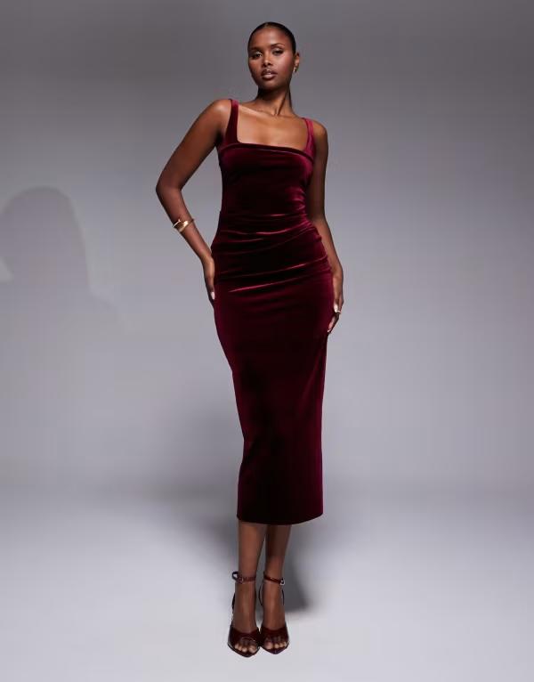 エイソス レディース トップス 衣装 midi衣装 midi 天鵞絨 ASOS DESIGN velvet curved neckline MIDI dress インチ berry Berry Red 赤いこと