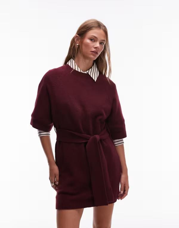 アンドアザーストーリーズ レディース トップス ワンピース ミニワンピース ミニ ニット & Other Stories knit belted mini dress with wide sleeves RED レッド｜ReVida 店