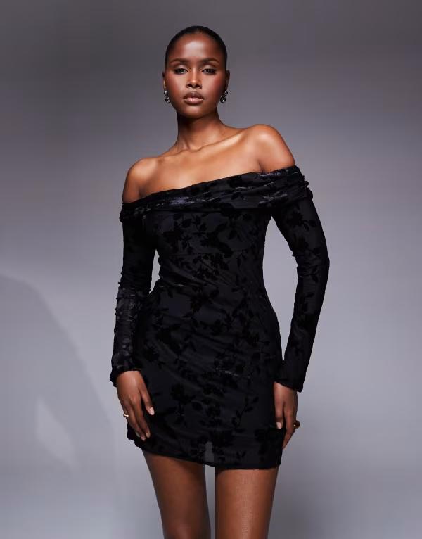 ティエフエヌシー レディース トップス 衣装 ミニ衣装 ミニ 天鵝絨 TFNC off shoulder long sleeve mini dress velvet burn out Black 黒いこと ワンピース-レディースファッション