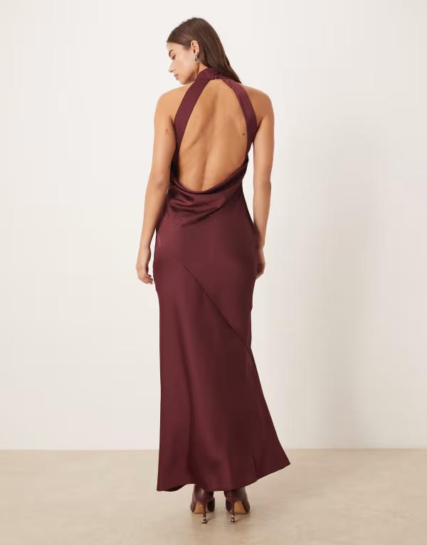 エイソス レディース トップス ワンピース マキシワンピース サテン マキシ ホルター ASOS DESIGN satin halterneck maxi dress with cowl back detail in berry Mulberry
