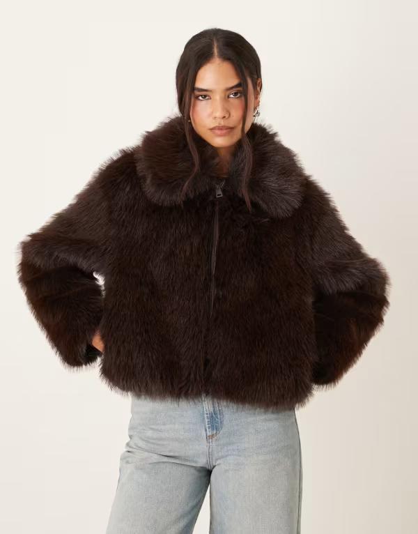 マンゴ レディース アウター ジャケット・ブルゾン ジャケット Mango short zip up faux fur jacket BROWN ブラウン