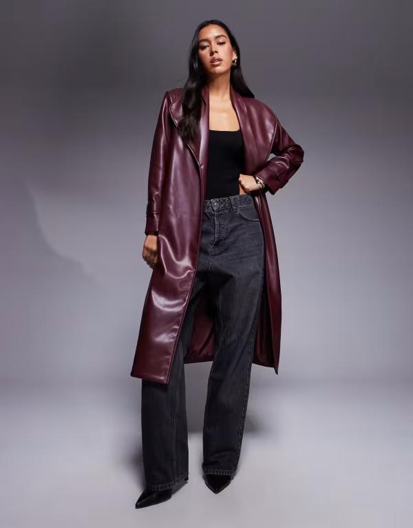リバーアイランド レディース アウター 厚地の外套 なめし革 フェイクレザー River Island faux leather PU longline wrap coat インチ dark Burgundy バーガンディ
