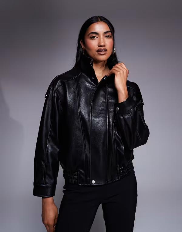 リバーアイランド レディース アウター 上衣・上衣 照明ランプ首っ玉 なめし革 フェイクレザー 上衣 River Island batwing sleeve funnel neck faux leather jacket Black 黒いこと