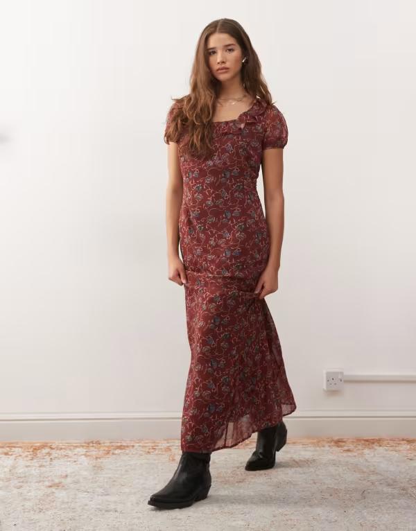 リクレイム ヴィンテージ レディース トップス ワンピース フラワー柄 プリント マキシ フラワー Reclaimed Vintage maxi tea dress with puff sleeve and frill collar red floral print Multi マルチカラー