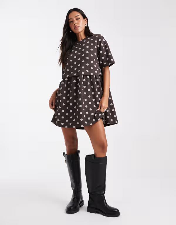 ミスセルフフリッジ レディース トップス ワンピース ドット柄 ドット Miss Selfridge short sleeve layered smock dress in chocolate polka dot Polka dot ドット