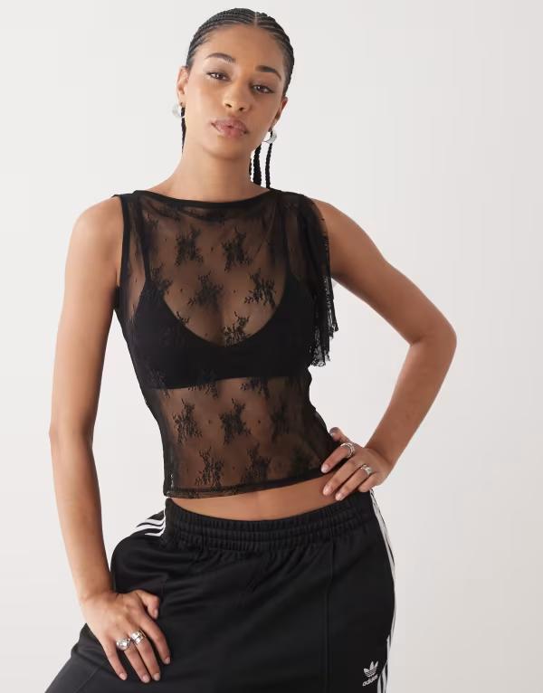 コルージョン レディース トップス 衣装 スピード競技 COLLUSION lace flutter one shoulder top Black 黒いこと