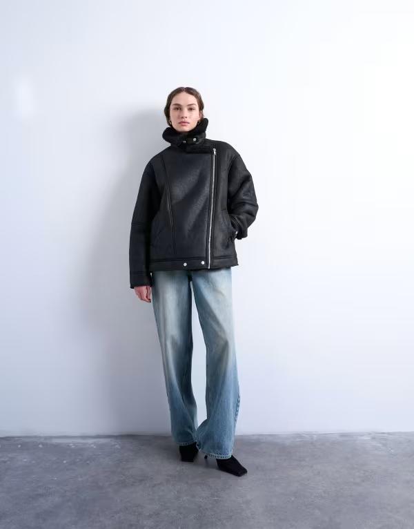 トップショップ レディース アウター ジャケット・ブルゾン Topshop oversized shearling aviator black ブラック 26,520円