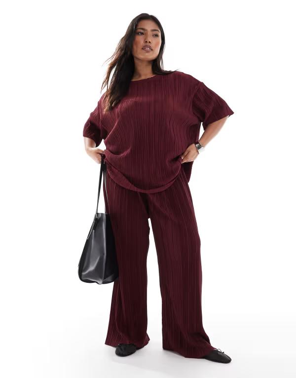 オンリーカーブ レディース ボトムス カジュアルパンツ ワイドレッグ パンツ ONLY Curve plisse wide leg pants - part of a set Burgundy バーガンディ