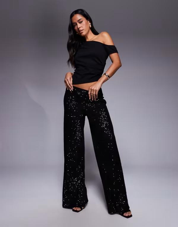 エイソス レディース ボトムス カジュアルパンツ ワイドレッグ パンツ スパンコール ASOS DESIGN allover sequin wide leg pants Black ブラック