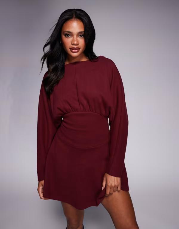 エイソス レディース トップス ワンピース ミニワンピース ミニ ASOS DESIGN supersoft slash neck blouson batwing mini dress Burgundy バーガンディ