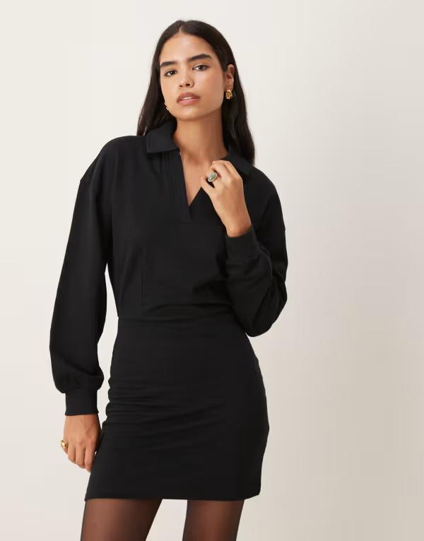 エイソス レディース トップス ワンピース ミニワンピース ミニ コットン ASOS DESIGN cotton V-front collared waisted sweat mini dress Black ブラック