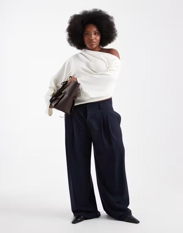 エイソス レディース ボトムス 心地好いズボン下 ワイドレッグ 非対称 ローライズ ズボン下 ASOS DESIGN Curve tailored low rise wide leg pants with asymmetric waistband NAVY 米国海軍
