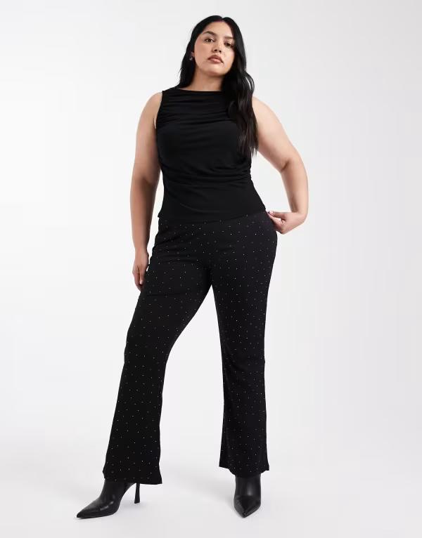 オンリーカーブ レディース ボトムス カジュアルパンツ パンツ ONLY Curve rhinestone flared pants Black ブラック｜ReVida 店