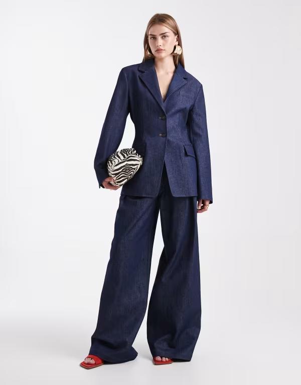 エイソス レディース ボトムス カジュアルパンツ ワイドレッグ パンツ デニム ASOS DESIGN tailored denim wide leg pants in indigo - part of a set Indigo wash インディゴ｜ReVida 店