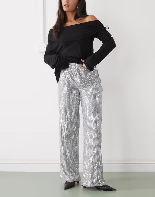 ノイジーメイ レディース ボトムス 心地好いズボン下 ズボン下 スパンコール Noisy May high rise pull on sequin pants Silver しろがね色