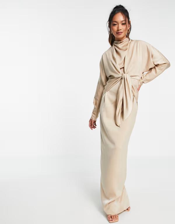エイソス レディース トップス ワンピース マキシワンピース マキシ ASOS DESIGN batwing maxi dress with tie front Smoke gray グレー｜ReVida 店