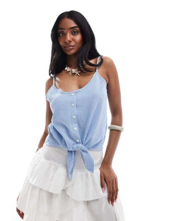 オンリー レディース トップス より良い クロップド ONLY knot front cropped tank top \u0026 blue stripe Cloud Dancer 白いこと