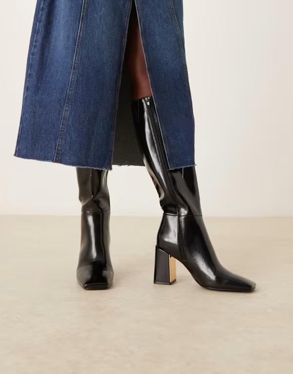 エイソス レディース シューズ ブーツ・レインブーツ ヒール ASOS DESIGN Carrington metal heeled knee boots Black ブラック