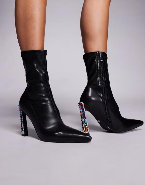 アザレア 壱 レディース シューズ ブーツ・レインブーツ アンクル ブーツ 踵 Azalea Wang Gryffon embellished heel high ankle boots Black 黒いこと 靴-レディース靴
