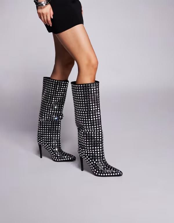 アザレア ワン レディース シューズ ブーツ・レインブーツ ヒール Azalea Wang Cutler stiletto heel embellished knee boots Black ブラック｜ReVida 店