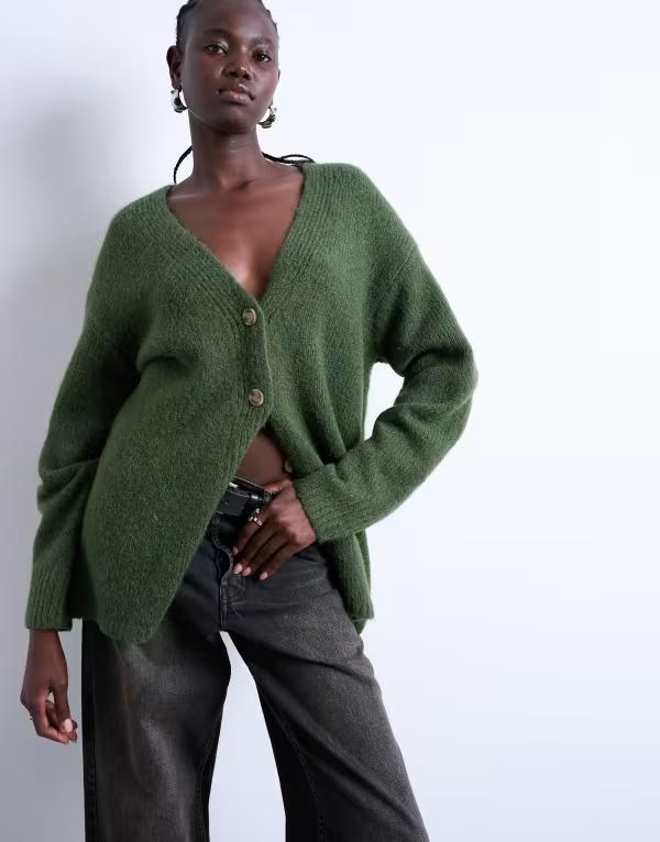 トップショップ レディース アウター カーディガン ニット Topshop knit longline easy cardigan Khaki カーキ