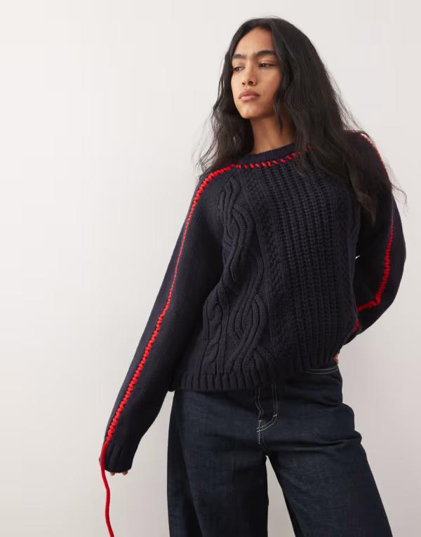 コルージョン レディース アウター ニット・セーター セーター ニット COLLUSION heavy cable knit sweater NAVY ネイビー