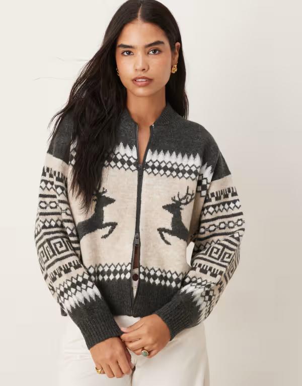 エイソス レディース アウター カーディガン ASOS DESIGN reindeer Fairisle bomber cardigan Gray グレー 17,505円