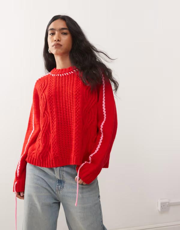 コルージョン レディース アウター ニット・セーター セーター ニット COLLUSION heavy cable knit sweater RED レッド｜ReVida 店