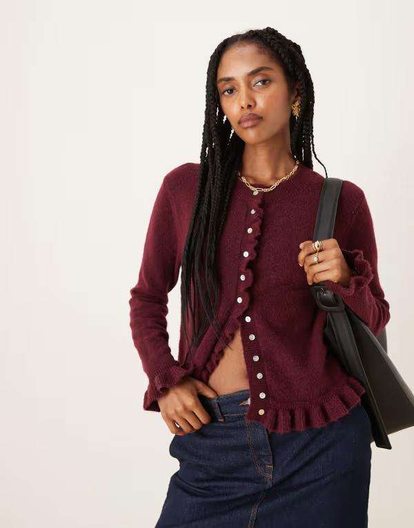グラマラス レディース アウター カーディガン ボタンダウン ダウン Glamorous button down baby cardigan with frill Burgundy バーガンディ｜ReVida 店